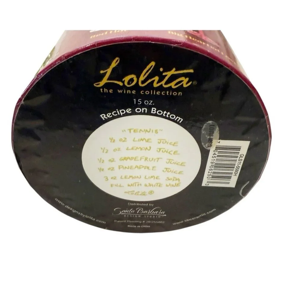 Lolita Hand Painted Tennis Balls Racket Pickleball Wine Glass Recipe Box NOB